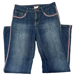Moiselle Barbiecore Blue Jeans Flare Leg Pink Rhinestone Detail Sz (38)= US Sz 6